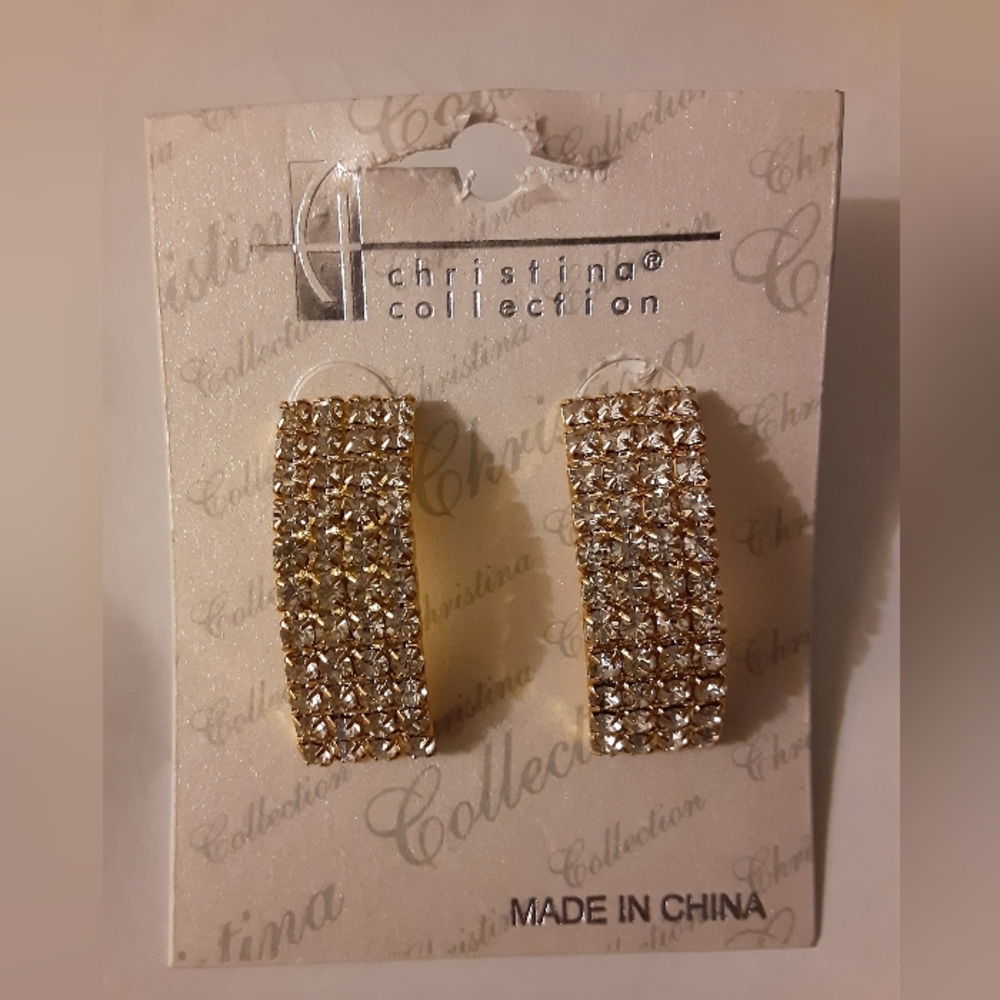 Christina Collection Earrings Gold Tone Rhinestone Pierced